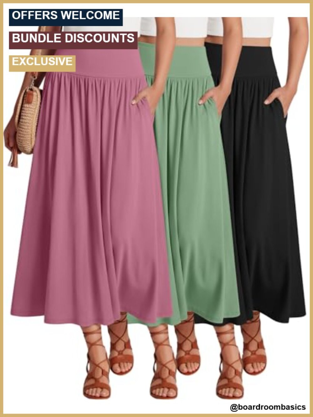 3 Pack Maxi Skirts for Women Long Pleated A-Line Casual High Waist with Pockets